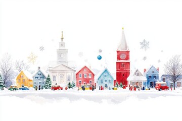 Winter Village Scene with Colorful Houses and Snowy Landscape