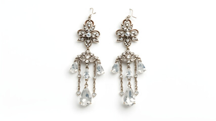 A pair of drop earrings with cascading crystal chains, isolated on white