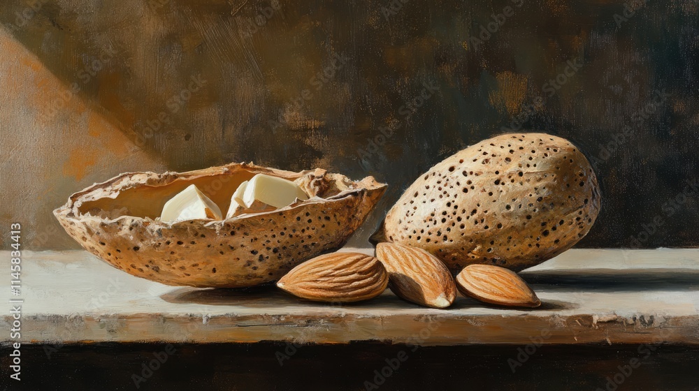 Poster almonds in shell and shelled almonds displayed artistically on a textured surface highlighting natur