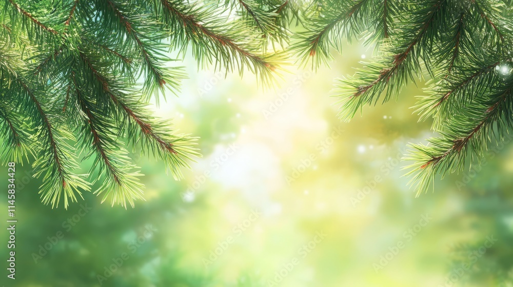 Poster pine leaves framing a soft blurred background of light and greenery in a serene natural setting.