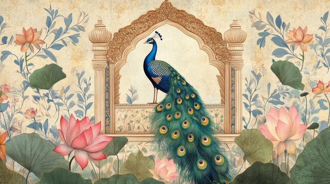 97.A grand Mughal-style pichwai wall art illustration with a peacock, lotus flowers, and decorative arch frame. The background showcases lush garden elements in traditional Mughal style, creating an