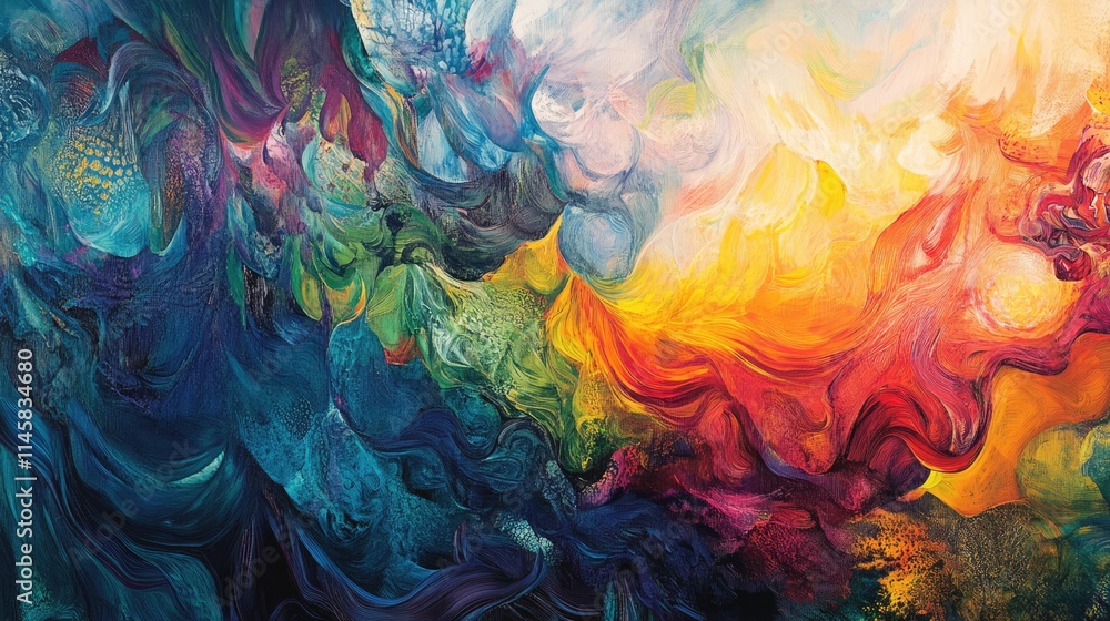Poster abstract wave of color blending in vibrant hues of blue, orange and green creating an expressive and