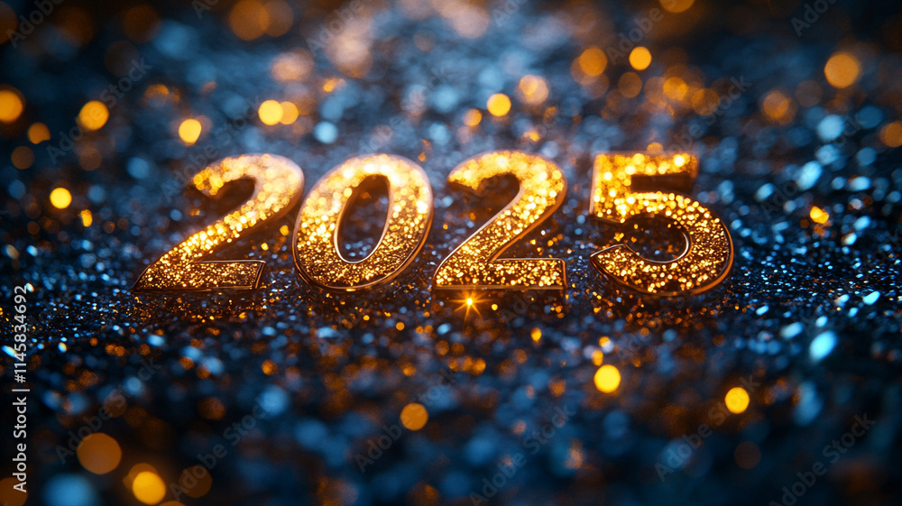 Poster bright glittering numbers representing the year 2025 with sparkling background.
