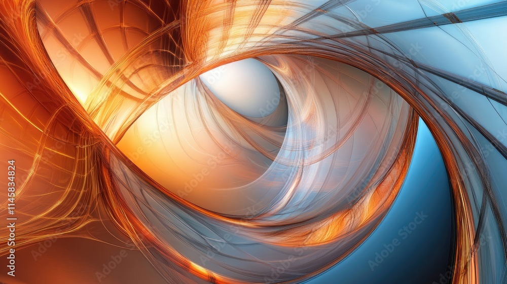 Poster abstract mathematical design with swirling patterns in vibrant orange and blue tones representing eq