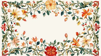 56.An intricate Indian Mughal-style decorative garden frame designed with symmetrical floral patterns and ornate vine details, perfect for a wedding invitation. The frame features lush, repeating