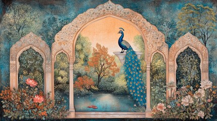 79.An intricate Indian Mughal garden scene featuring an arch frame with detailed floral motifs, framing a serene scene with a peacock, a lotus pond, and a graceful swan. The background displays lush,