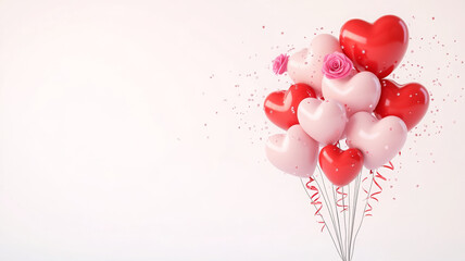 Heart shaped balloons in red and pink with confetti and roses create festive atmosphere