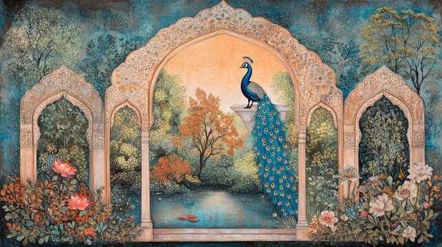 79.An intricate Indian Mughal garden scene featuring an arch frame with detailed floral motifs, framing a serene scene with a peacock, a lotus pond, and a graceful swan. The background displays lush,