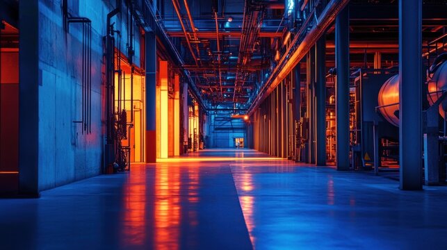 Illuminated Industrial Corridor: A Symphony of Blue and Orange Hues