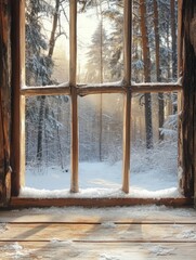 Winter wonderland viewed through a rustic window