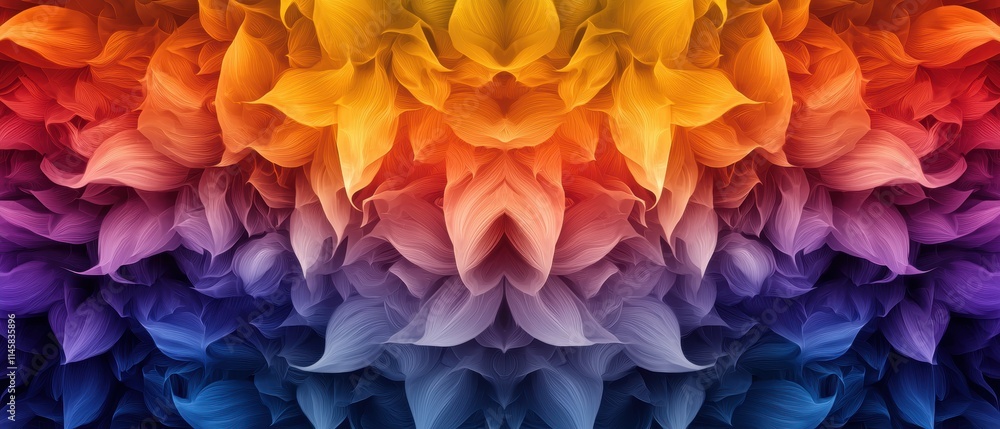 Poster a vibrant, symmetrical pattern showcasing a gradient of colors from warm yellows and oranges to deep