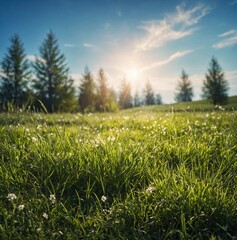 Obraz premium Beautiful sunny spring meadow with green grass and blue sky. Abstract background with light bokeh and space for text.