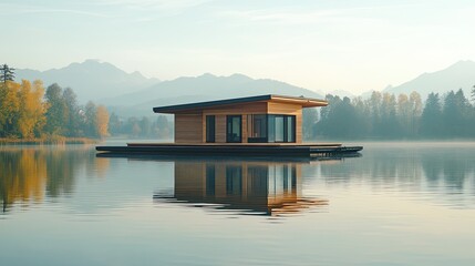 Fototapeta premium Serene Lakeside Cabin: Modern Architecture in Autumnal Landscape