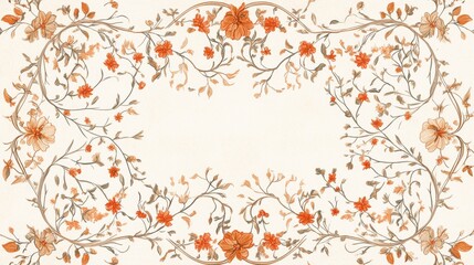 60.A luxurious, Mughal-inspired frame for a wedding invitation, showcasing intricate floral and vine patterns in a symmetrical layout. The decorative elements evoke the splendor of a traditional