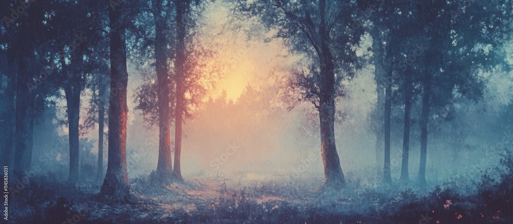 Poster misty forest landscape at dawn with sunlight filtering through trees creating a serene and enchantin