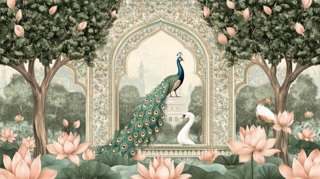 76.A luxurious Indian Mughal garden scene illustration featuring an intricately designed arch frame with a regal peacock and swan gracefully posed near blooming lotus flowers. The background