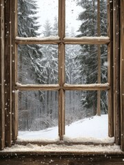 Winter Snow Scene Viewed Through Rustic Wooden Window