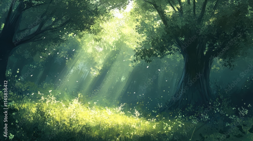 Poster sunlight filtering through lush trees in a serene forest landscape with soft greenery and gentle atm