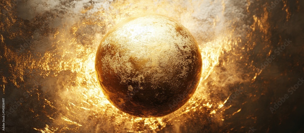 Poster shimmering golden sphere emerging from a cosmic explosion with ethereal light and texture elements c