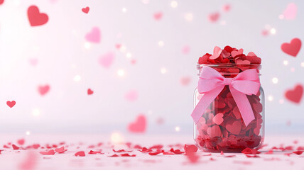 jar filled with red hearts and pink ribbon, perfect for love