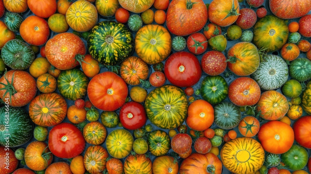 Poster vibrant array of assorted tomatoes showcasing diverse colors and shapes captured from an overhead pe