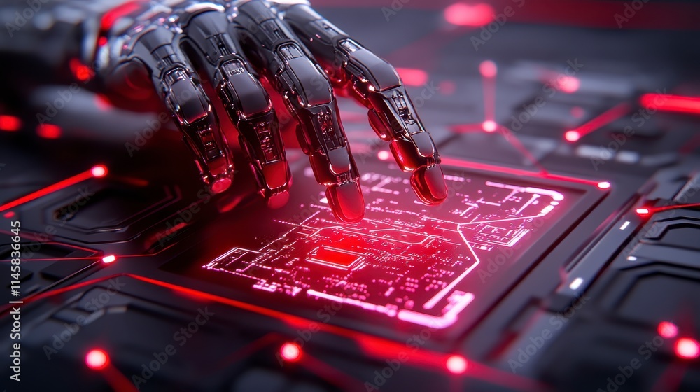 Poster a robotic hand interacts with a glowing circuit board, showcasing a fusion of technology and artific