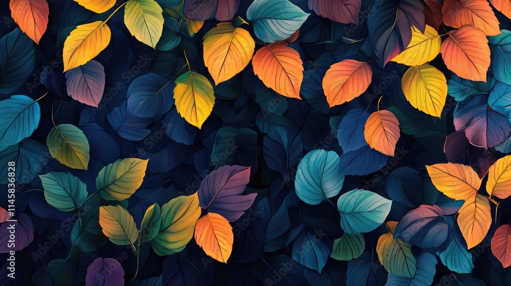 Poster colorful autumn leaves on dark background creating a vibrant and textured nature-inspired design sui
