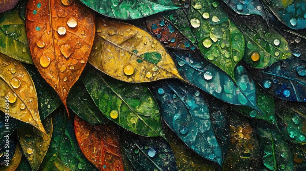 Poster vibrant colored leaves adorned with rain droplets creating a refreshing natural pattern ideal for na