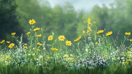 Obraz premium Vibrant wild yellow flowers and perennial herbs in a sunny meadow with a soft blurred background showcasing natural beauty and tranquility.