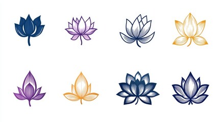 17.A modern vector set of lotus icons, with each design offering a unique style, from simple silhouettes to abstract line art. The icons showcase different arrangements of lotus petals, creating a