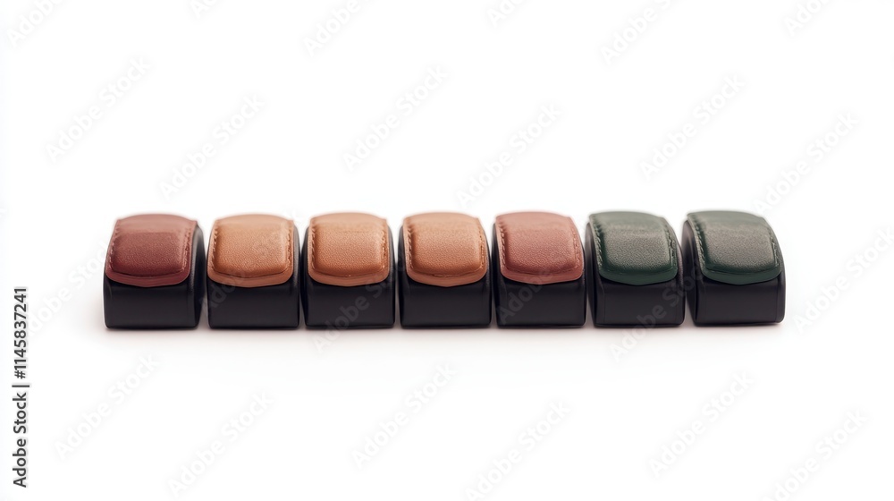 Poster a row of colorful, rectangular ink pads arranged neatly, showcasing various shades on a white backgr