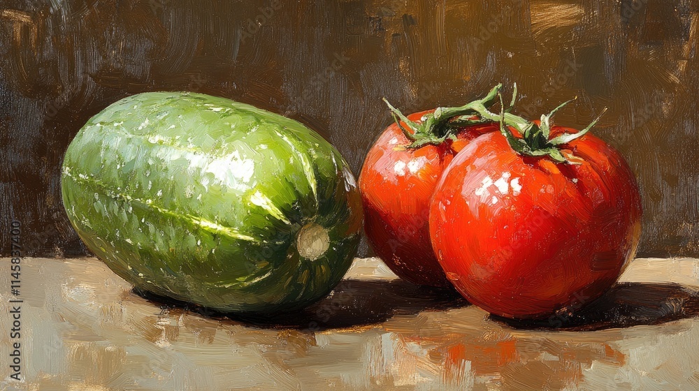 Poster fresh cucumbers and ripe tomatoes in a rustic setting showcasing vibrant colors and textures of gard