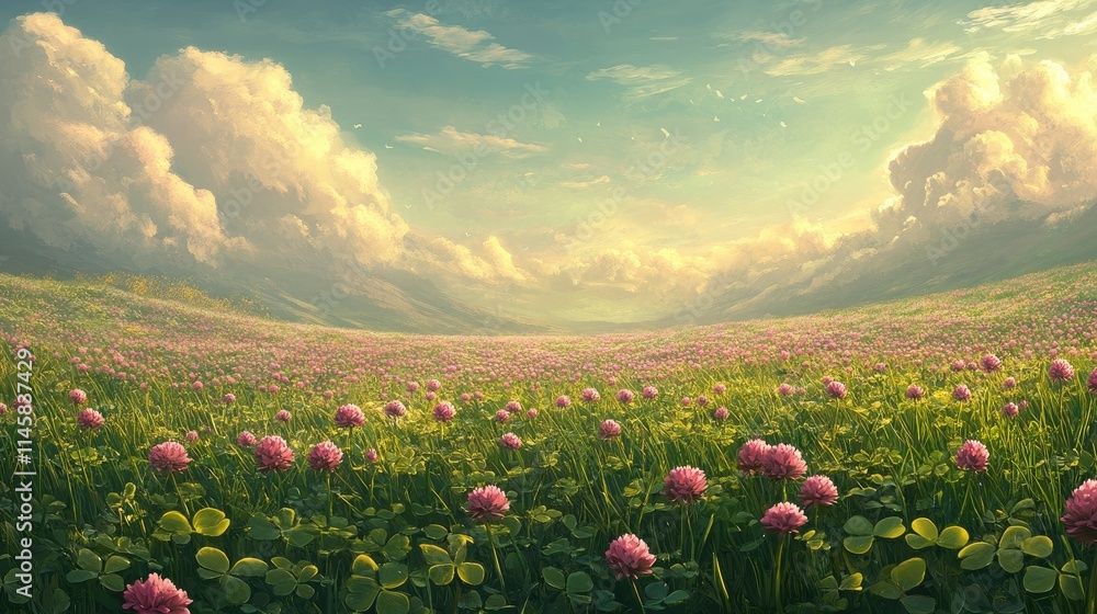 Poster vibrant clover field under a serene sky with flowering plants and soft clouds creating a tranquil na