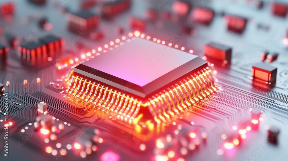 Poster a realistic 3d rendering of a microchip placed on a circuit board, with glowing connectors and finel