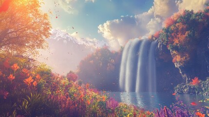 Fototapeta premium Serene waterfall landscape with vibrant foliage and majestic mountains under a clear sky in an idyllic travel setting