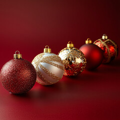 A collection of exquisite Christmas balls in red and gold tones on a deep red background. The festive composition reflects the spirit of Christmas and New Year