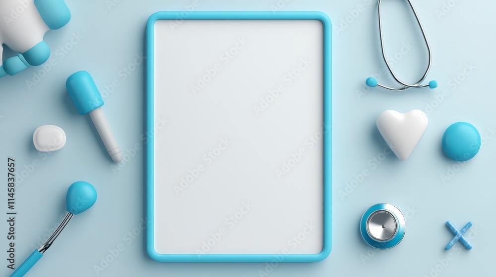 Poster a minimalist layout featuring a blank frame surrounded by colorful, playful objects, creating a chee