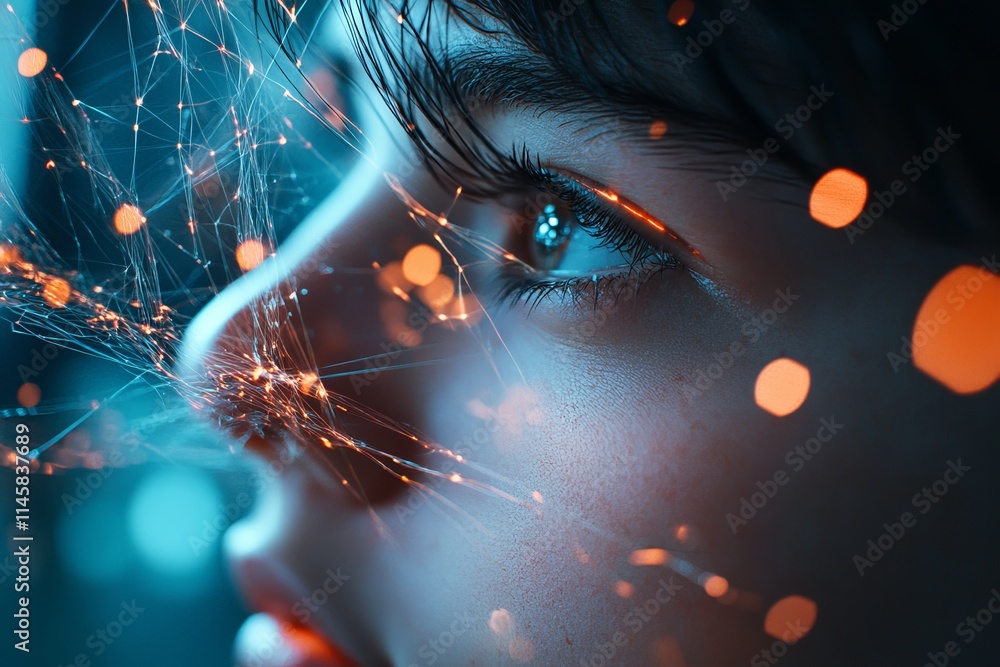 Aufkleber exploring the intersection of technology and humanity through a close-up of a thoughtful individual 