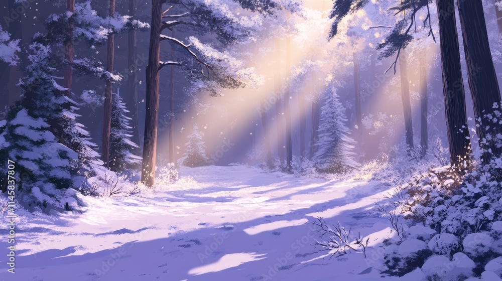 Poster winter forest landscape with snow and sunlight filtering through trees on a frosty day creating a se