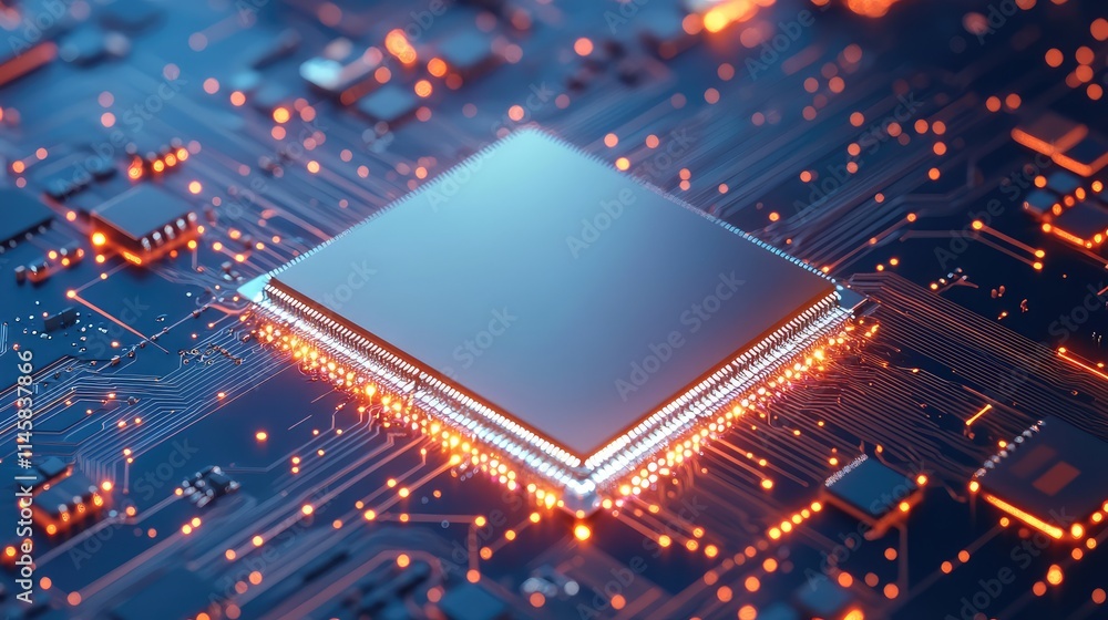 Poster a realistic 3d rendering of a microchip placed on a circuit board, with glowing connectors and finel