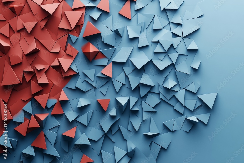 Poster dynamic arrangement of red and blue triangular shapes creating an abstract design on a textured surf