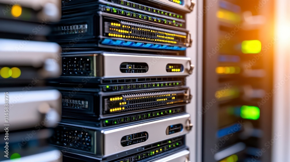 Poster a close-up view of server racks, featuring illuminated network equipment, highlighting modern data c