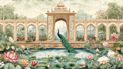 96.An ornate Mughal pichwai art-inspired illustration for wallpaper, featuring a detailed garden scene with a peacock by a lotus pond, framed by an elaborate arch. The design is rich in traditional