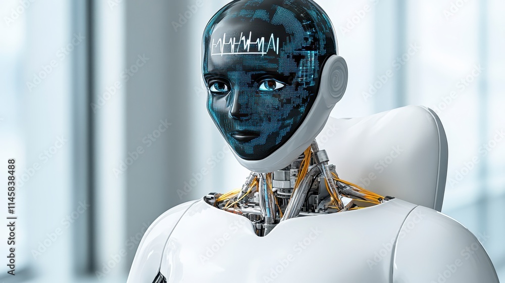 Poster a futuristic humanoid robot with a digital face and exposed circuitry, symbolizing advanced technolo
