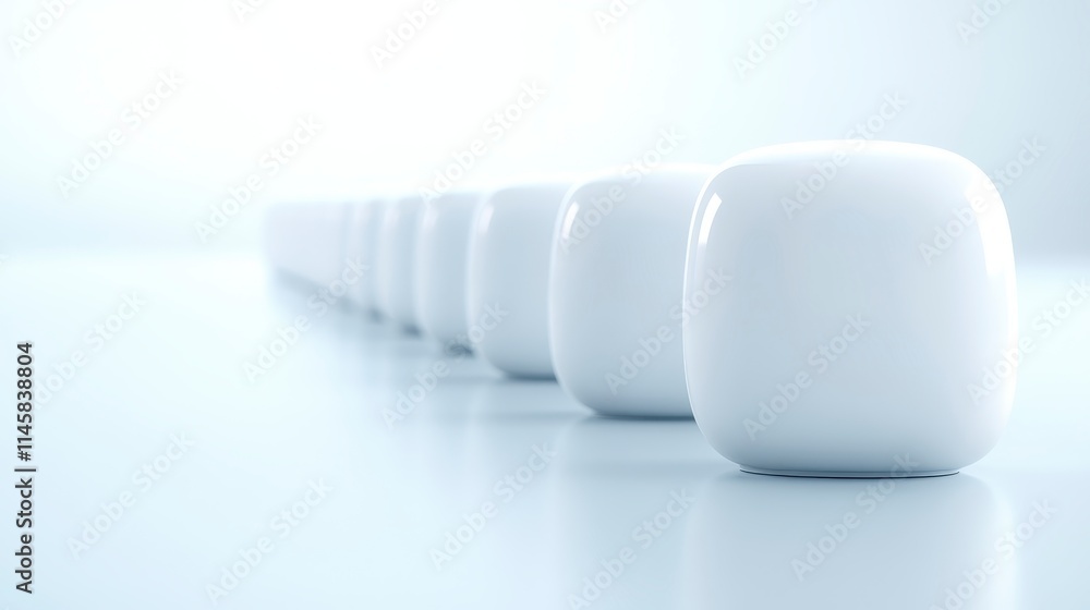 Poster a minimalist arrangement of white, rounded objects aligned symmetrically against a soft, diffuse bac