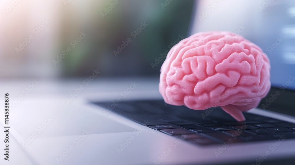 Poster a pink brain model sits on a laptop keyboard, symbolizing the intersection of technology and cogniti
