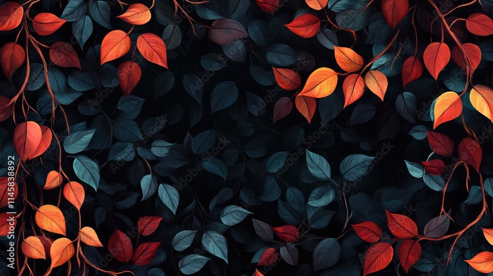 Poster colorful leafy vines create a mesmerizing pattern in a dark forest setting ideal for nature themed d