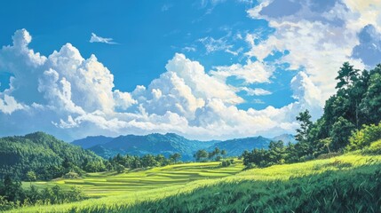 Obraz premium Lush green paddy fields under a vibrant cloudy blue sky with hills and trees creating a picturesque tourist destination scene.
