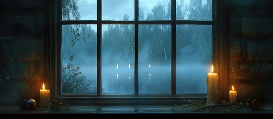 Naklejka premium Candles glowing softly on a foggy windowpane create a serene Christmas atmosphere with a mystical outdoor view.
