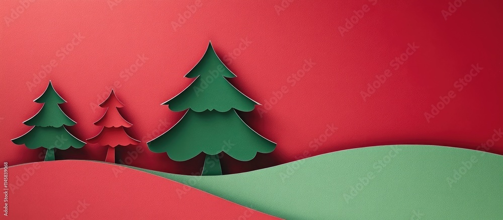 Poster minimalistic new year and christmas greeting card design with handmade paper trees in red and green 